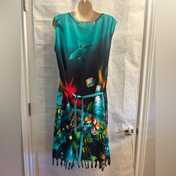 Vibrant Ocean-Themed Sleeveless Island Barrier Reef Dress Sz-L.  AA10 - Picture 2 of 8